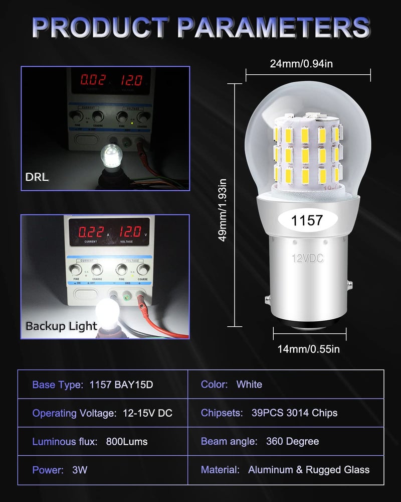 Alopee 2-Pack 1157 LED Bulb White 12V-15V DC BAY15D Bulb 39SMD 3014 Chip Waterproof High Brightness for Reverse Backup Lights Compatible with 2357 7528 2057 - Image 2